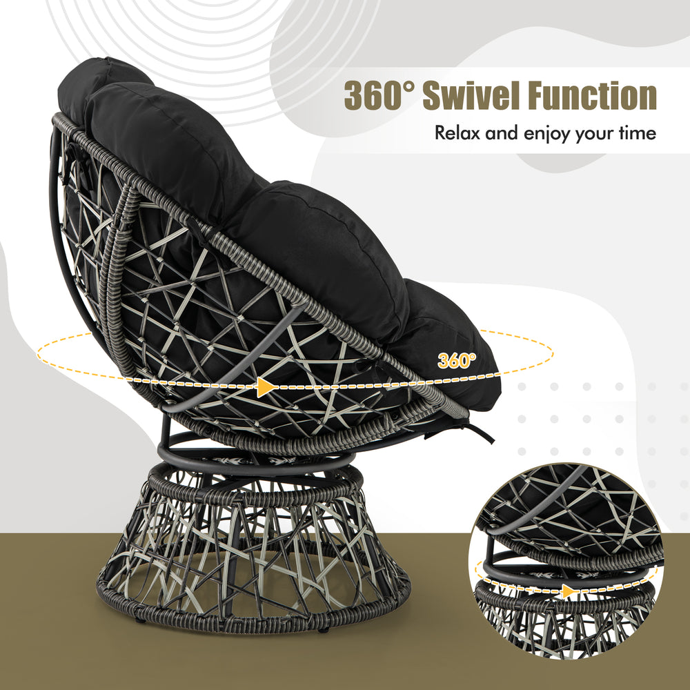 Black PE Wicker Papasan Chair with thick cushion, featuring a 360° swivel function for ultimate comfort and relaxation.