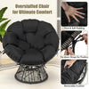 Black PE wicker Papasan chair with thick removable cushion, featuring a stable base and 360° swivel for comfort.