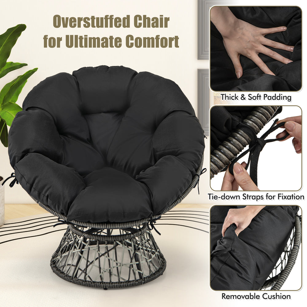 Black PE wicker Papasan chair with thick removable cushion, featuring a stable base and 360° swivel for comfort.