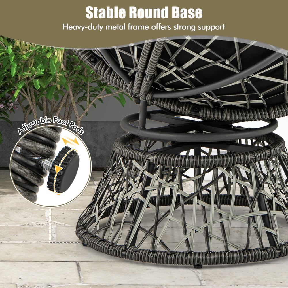 Black PE wicker Papasan chair with thick cushion, stable round base, and adjustable foot pads for indoor or outdoor use.