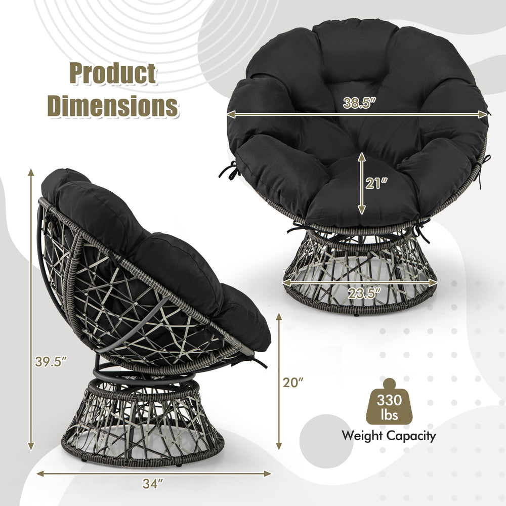 Black PE wicker Papasan chair with thick cushion, 360° swivel, and stable base, perfect for indoor or outdoor use.