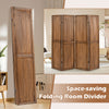 Four-panel space-saving folding room divider made of solid paulownia wood, featuring standard pegboard holes for.