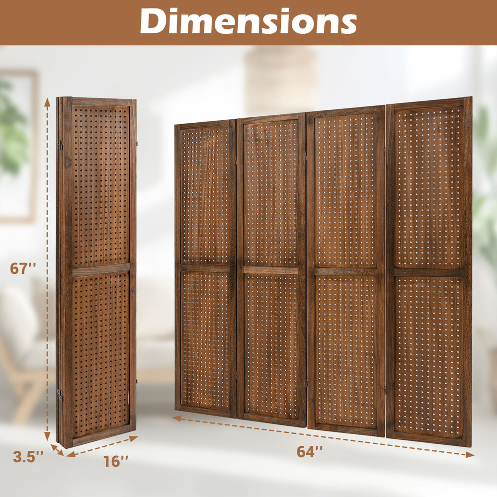Four-panel pegboard display with solid paulownia wood frame, featuring 360° metal hinges for flexible placement.