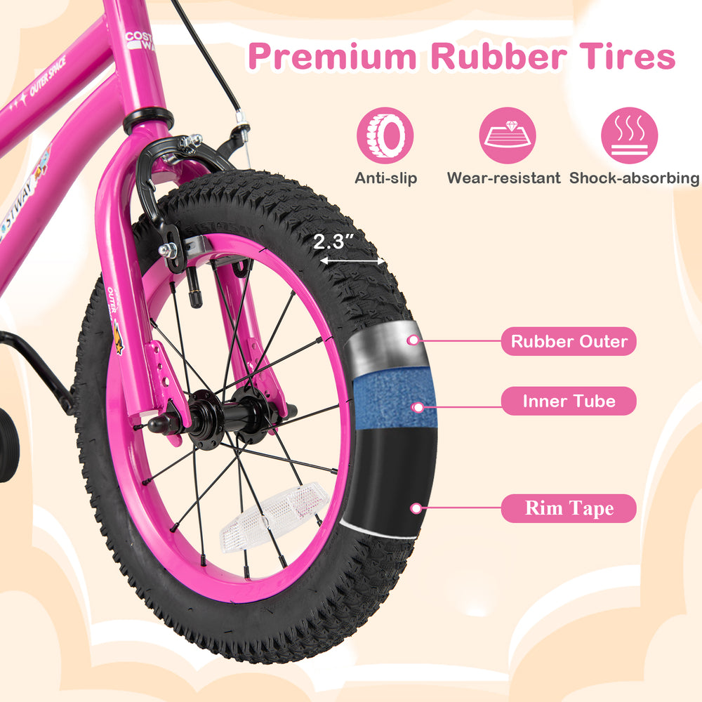 Close-up of the 14-inch kids bike's premium rubber tire, featuring anti-slip and shock-absorbing properties.