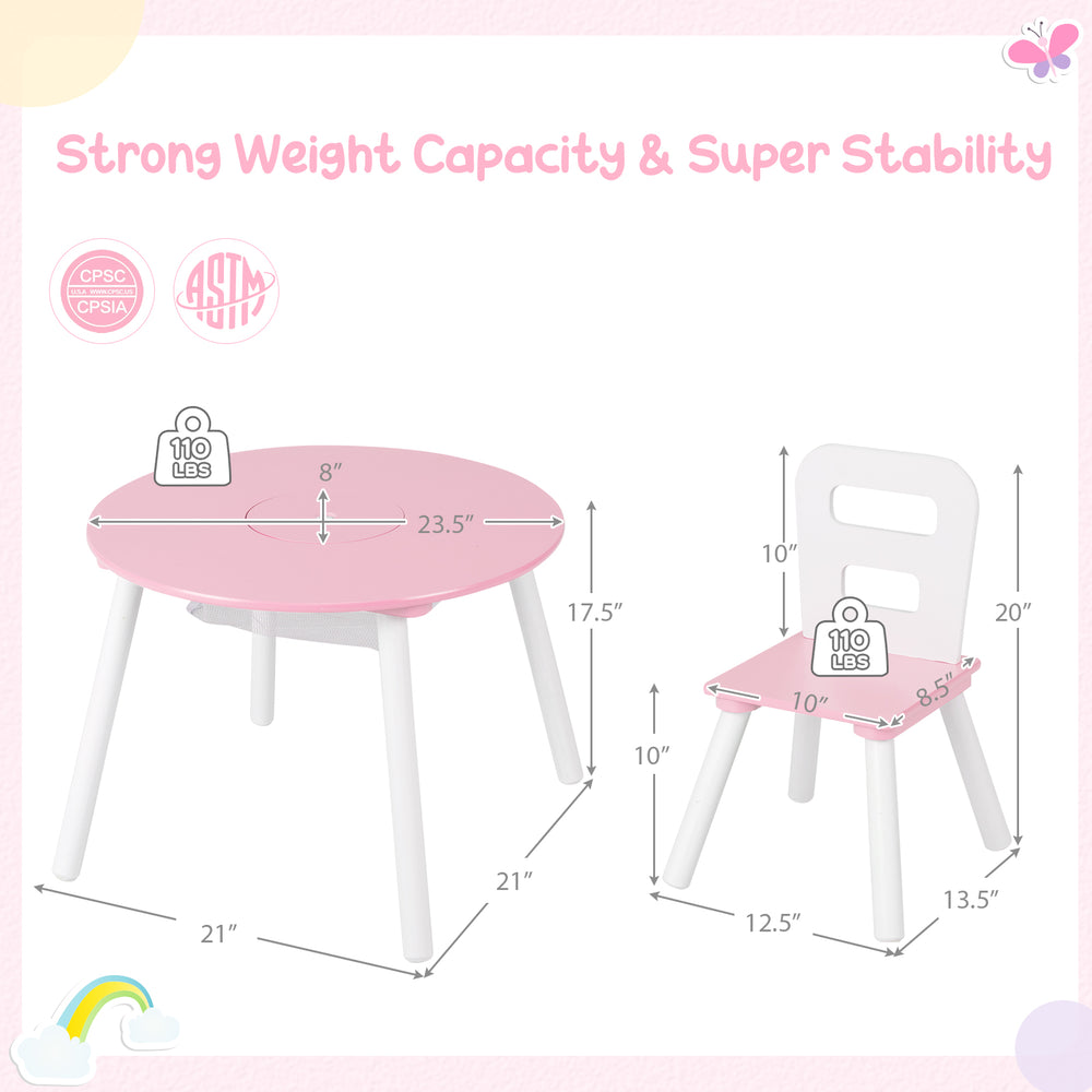 Pink wood activity table and chair set with central storage, ideal for kids' playtime and study in any room.