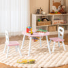 Pink kids chair from the wood activity table and chair set, featuring a supportive backrest and cut-out handles for.