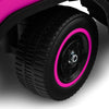 Close-up of the pink wheel on a 6V kids electric ride-on truck, featuring durable design for safe riding.
