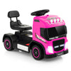 Pink 6V kids electric ride-on truck with adjustable seat, steering wheel, and LED lights for fun outdoor play.