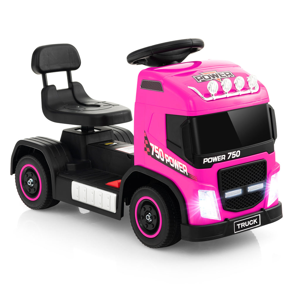 Pink 6V kids electric ride-on truck with adjustable seat, steering wheel, and LED lights for fun outdoor play.