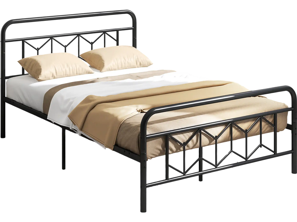 Full-size platform bed with high headboard, featuring robust metal slats and modern graphic patterns for stylish.