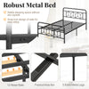 Full-size platform bed with high headboard, robust metal slats, and extra legs for stability, ideal for modern bedrooms.