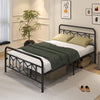 Full-size platform bed featuring a sleek metal frame, high headboard, and extra legs for enhanced stability and support.