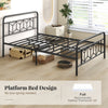 Full-size platform bed with high headboard, metal slats, and modern design, perfect for stable sleeping and storage.