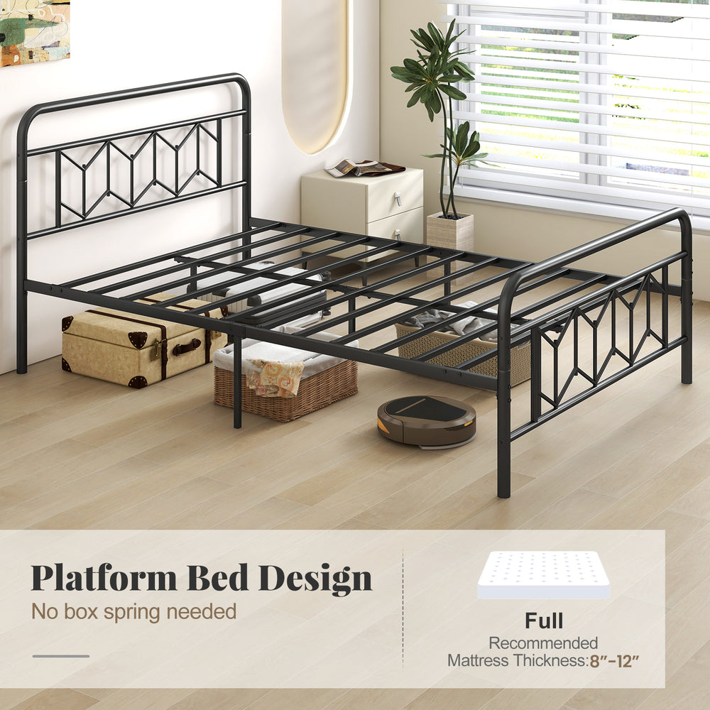 Full-size platform bed with high headboard, metal slats, and modern design, perfect for stable sleeping and storage.