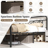 Full-size platform bed with high headboard, spacious bottom space for storage, and snap lock metal slats for easy setup.