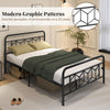 Full-size platform bed with high headboard, metal slats, and modern graphic patterns for stylish storage solutions.