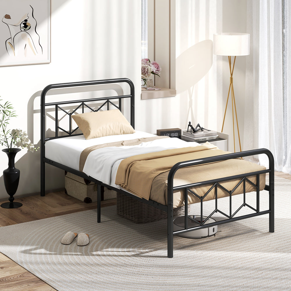 Platform Bed with High Headboard and Snap Lock Metal Slats-Twin Size - Gallery View 1 of 10