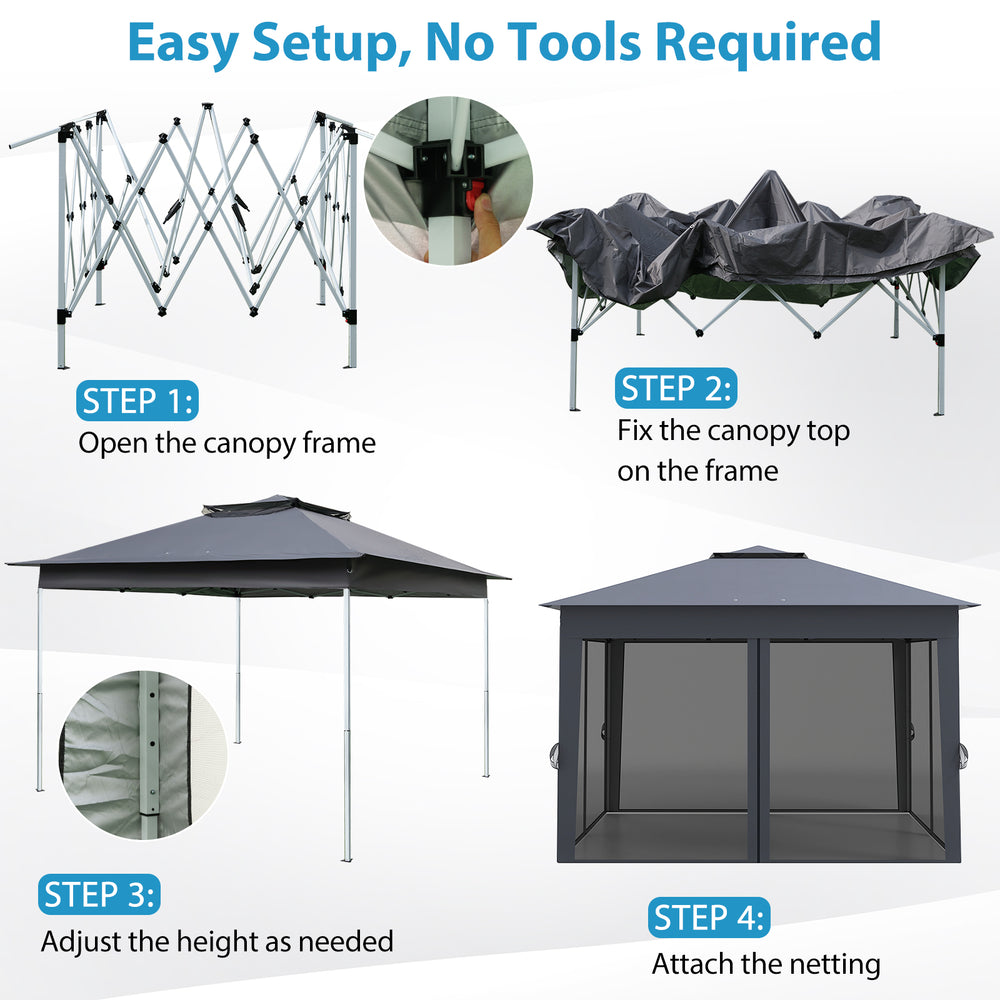 11x11 FT gray pop-up gazebo with mesh netting, featuring a double roof and easy setup for outdoor events.