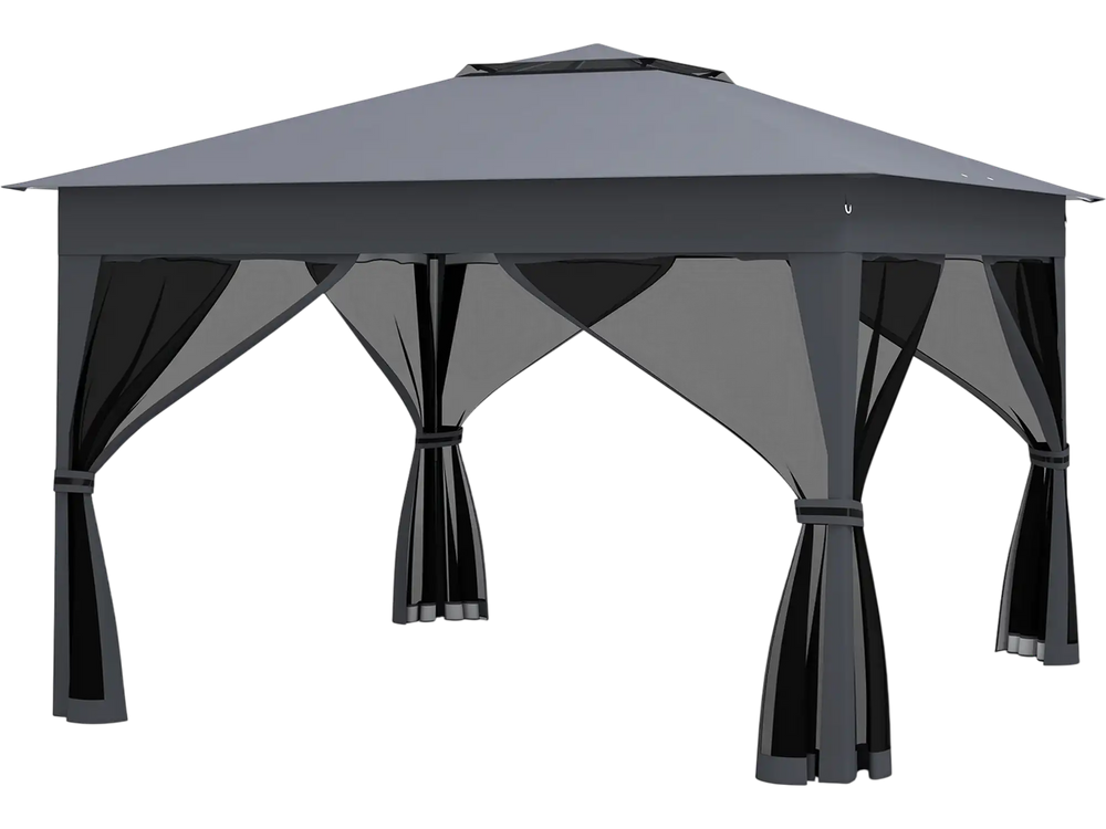 Gray 11 x 11 ft pop-up gazebo with mesh netting and double roof, ideal for outdoor events and protection from the sun.