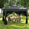 Pop up gazebo with mesh netting in gray, featuring a double roof and providing sun protection for outdoor gatherings.