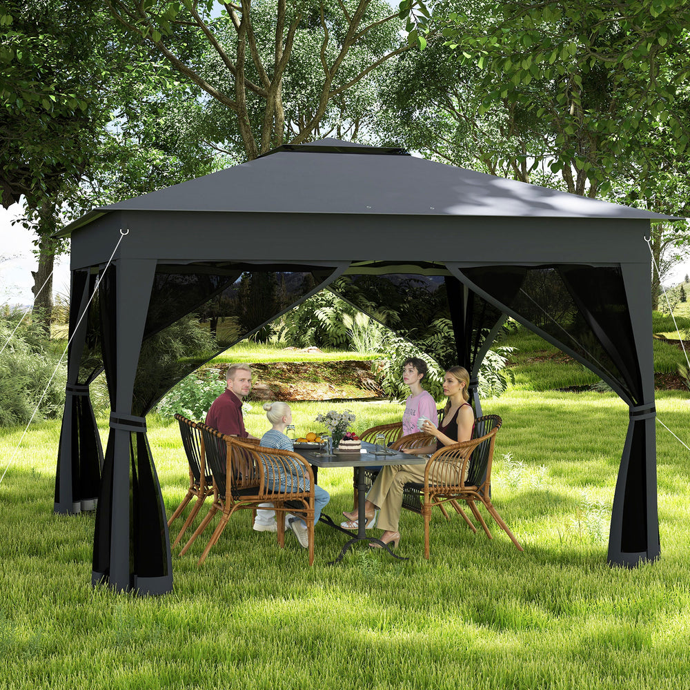Pop up gazebo with mesh netting in gray, featuring a double roof and providing sun protection for outdoor gatherings.