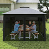 Pop-up gazebo with mesh netting, gray canopy, and sturdy frame, ideal for outdoor dining and gatherings.