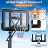 Portable basketball hoop with a 44-inch shatterproof backboard, adjustable height, and sturdy base for stability.