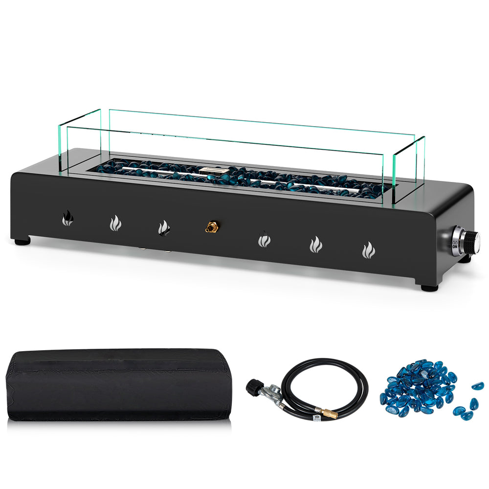 Portable mini fireplace with stainless steel burner, wind guard, and glass rocks, ideal for outdoor heating.
