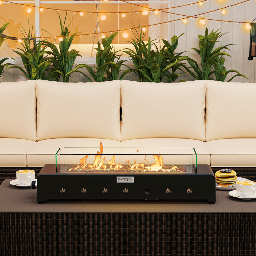 Portable mini fireplace with stainless steel burner and wind guard, providing 40,000 BTU heat for outdoor gatherings.