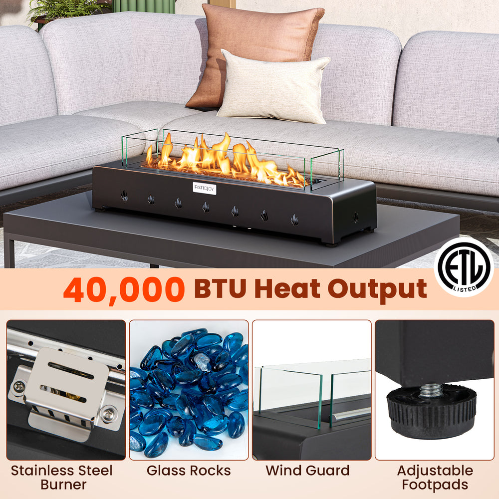 Portable mini fireplace featuring a stainless steel burner, wind guard, and glass rocks for outdoor warmth and elegance.