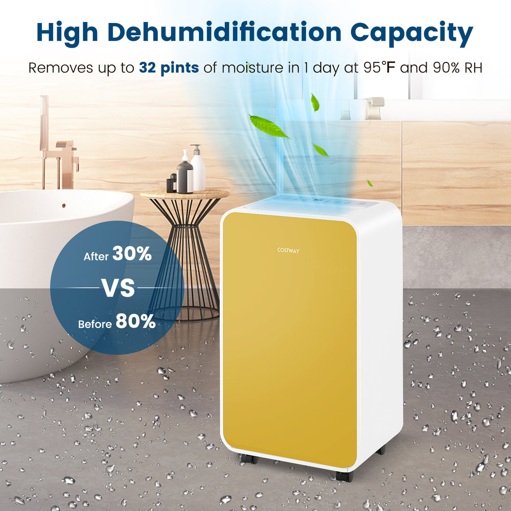 Portable yellow dehumidifier removes up to 32 pints of moisture daily, ideal for rooms up to 2500 sq. ft.