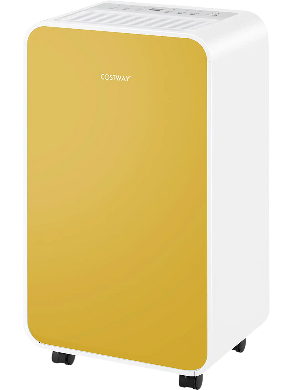 Portable yellow dehumidifier, removes 32 pints/day, ideal for rooms up to 2500 sq. ft., features LED display and wheels.
