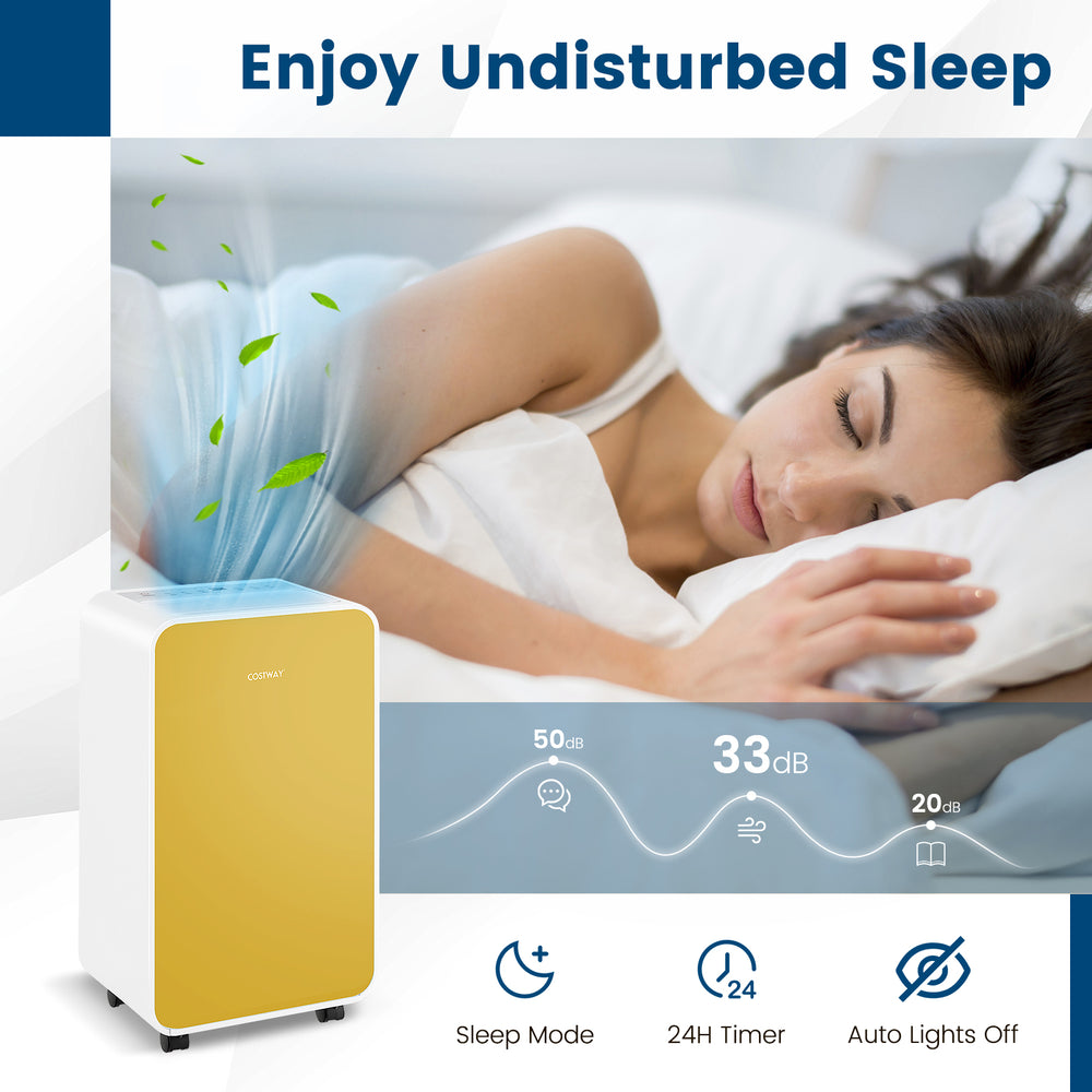 Portable yellow dehumidifier removes up to 25 pints of moisture daily, ideal for rooms up to 2500 sq. ft.