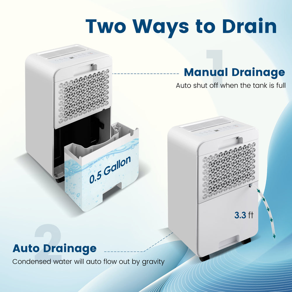 Portable dehumidifier showing manual and auto drainage options, designed for rooms up to 2500 sq. ft. with 32 pints/day.