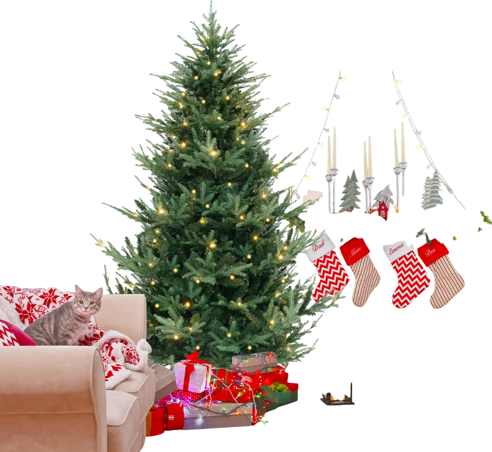 Pre-lit 6/7/8 FT artificial Christmas tree with 778/1480 branch tips, warm white lights, perfect for festive gatherings.