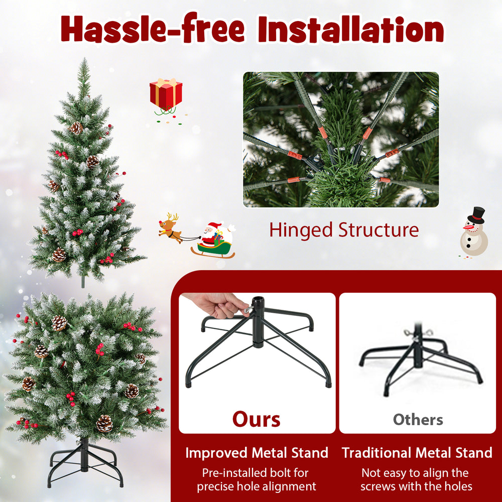 5 ft pre-lit artificial Christmas tree with 408 branch tips, pine cones, red berries, and 250 warm white LED lights.