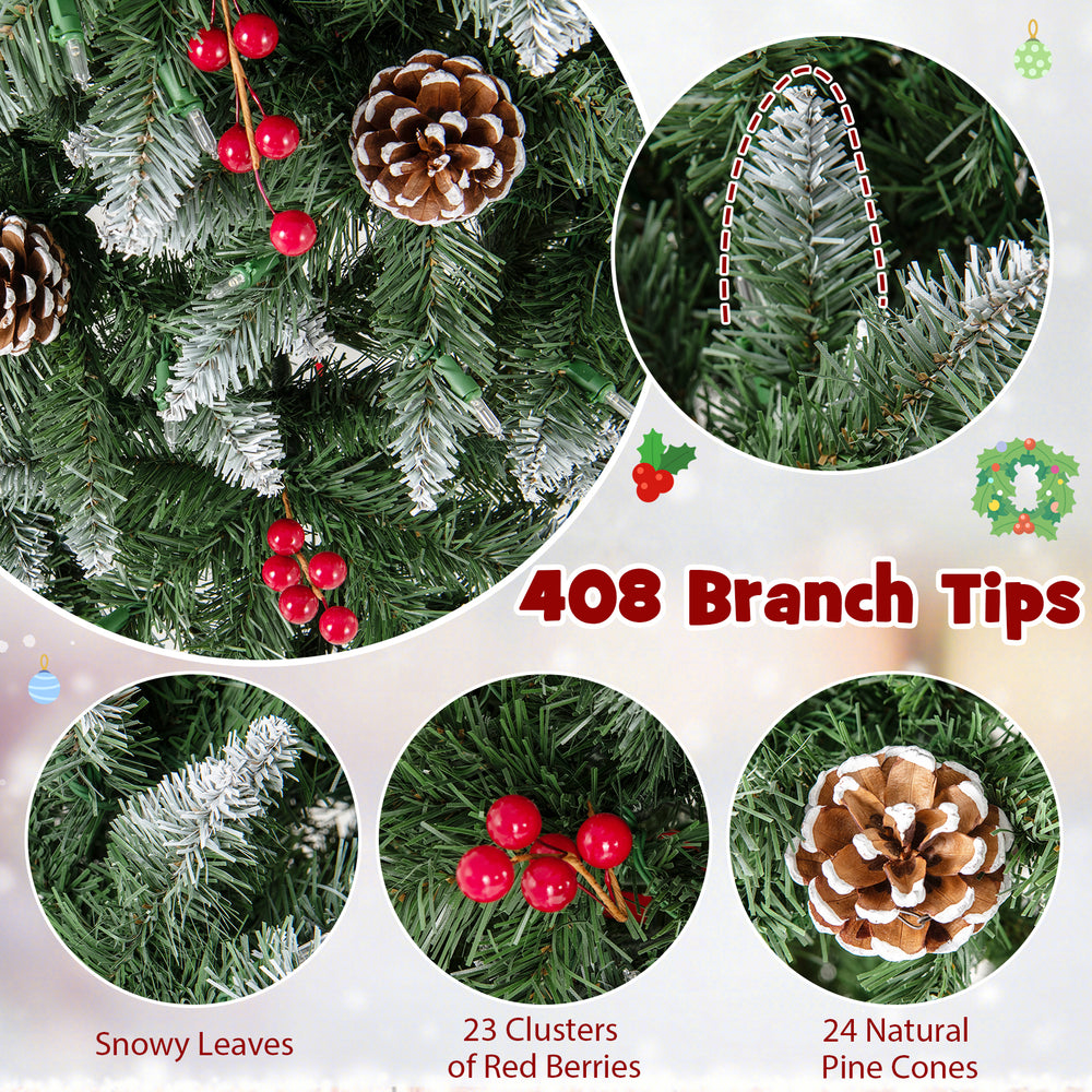 Pre-lit 5 ft artificial Christmas tree with 408 branch tips, red berries, pine cones, and snowy leaves for festive.