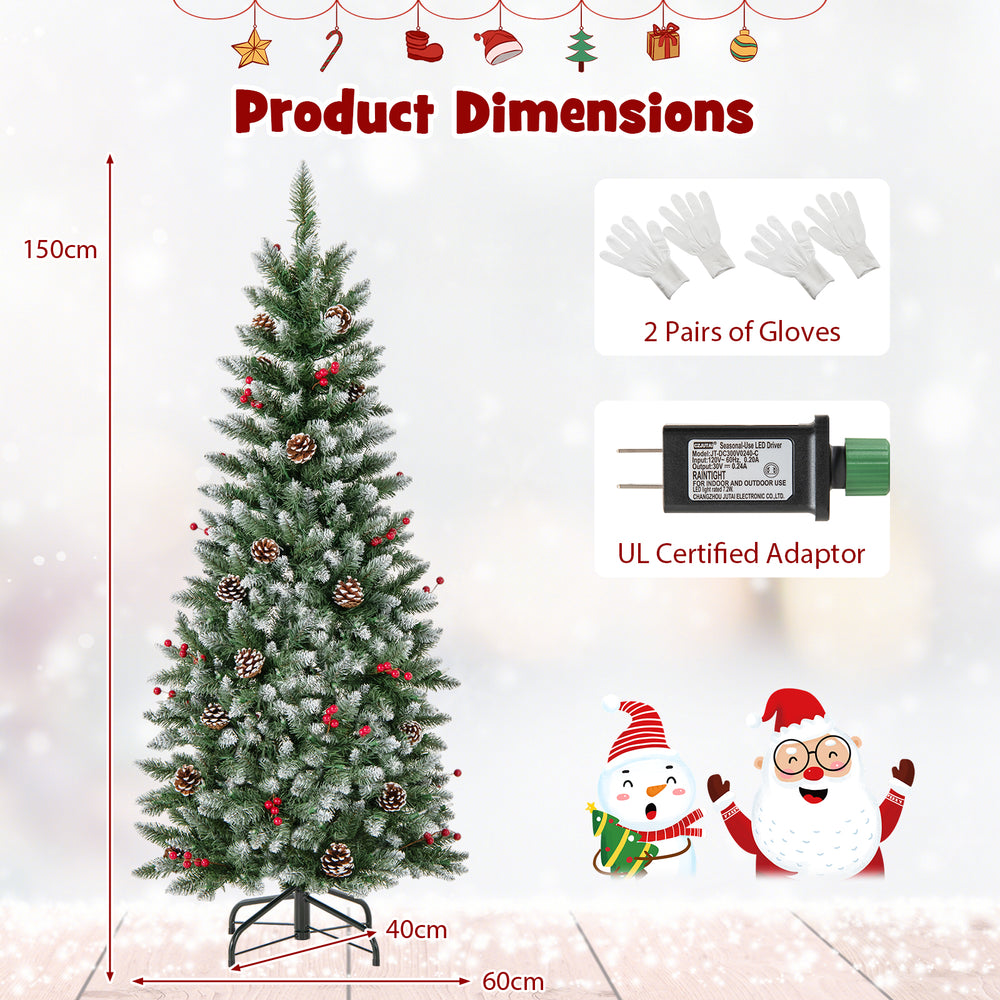5-foot pre-lit artificial Christmas tree with pine cones, red berries, and 250 warm white LED lights for festive.