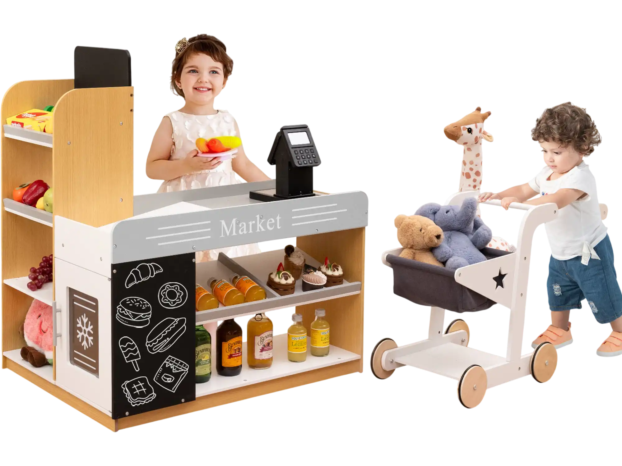 Costway Pretend Play Grocery Store Set Shopping Cart 2 Chalkboards White 41853269 New