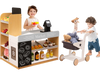 Pretend play grocery store set featuring a cash register, shopping cart, and dual chalkboards for interactive fun.