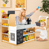 Pretend play grocery store set featuring a cash register, shopping cart, and dual chalkboards for imaginative play.