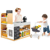 Display shelves with baffles in the pretend play grocery store set, ideal for organizing toys and food items for kids.