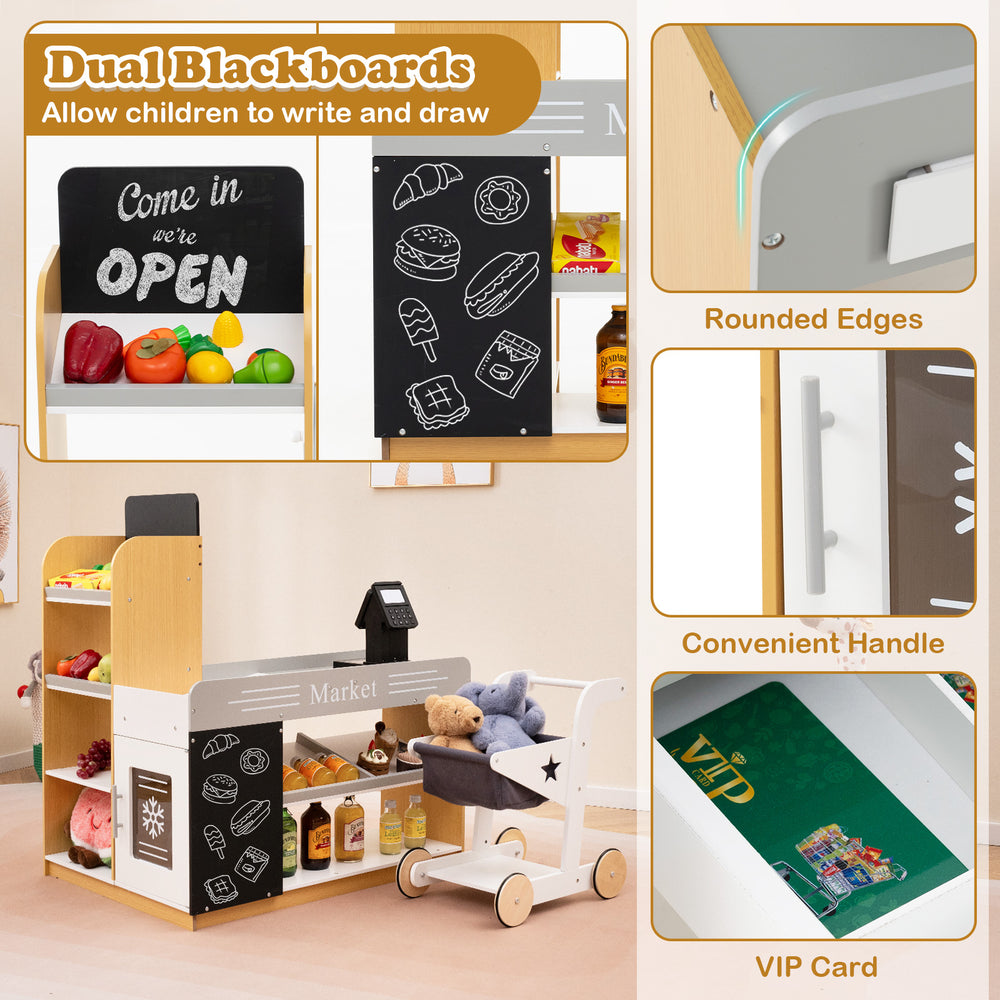 Pretend play grocery store set featuring dual blackboards, shopping cart, and cash register for immersive play.