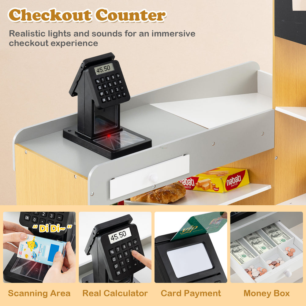 Checkout counter with realistic lights and sounds, part of the pretend play grocery store set for immersive play.