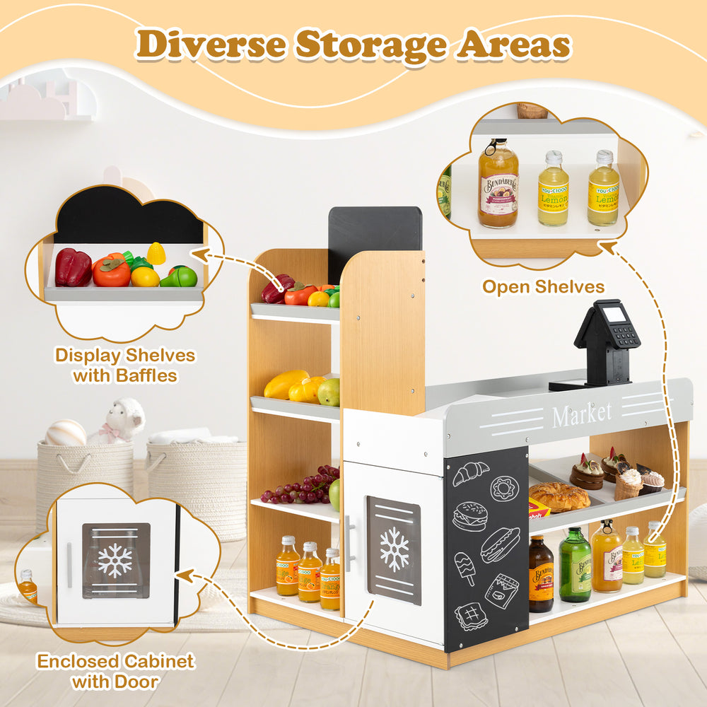 Pretend play grocery store set featuring display shelves, shopping cart, and dual chalkboards for creative fun.