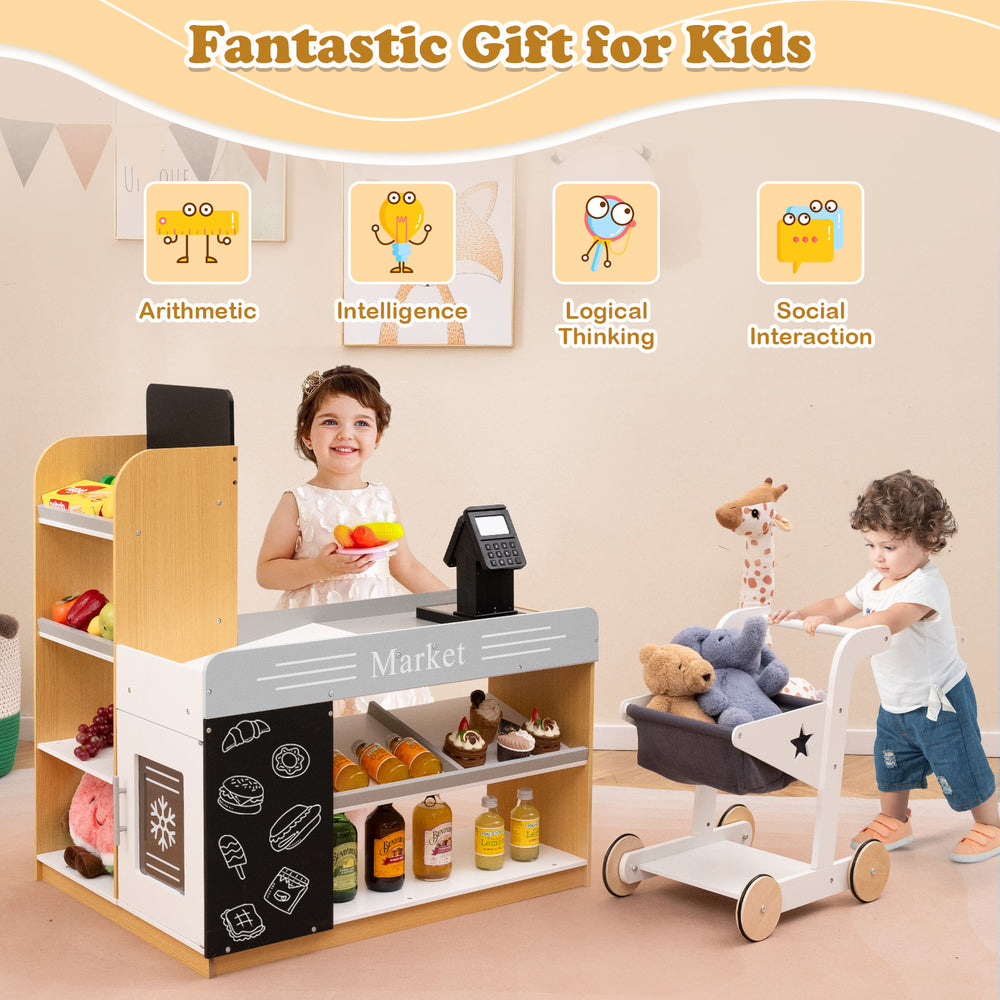 Pretend play grocery store set with cash register, shopping cart, and dual chalkboards for kids' imaginative play.