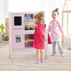 Pretend play kitchen in pink with adjustable height, accessories, and interactive features for kids aged 3+.