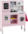 Pretend play kitchen for kids in pink with adjustable height, sink, stove, and 16 accessories for imaginative play.