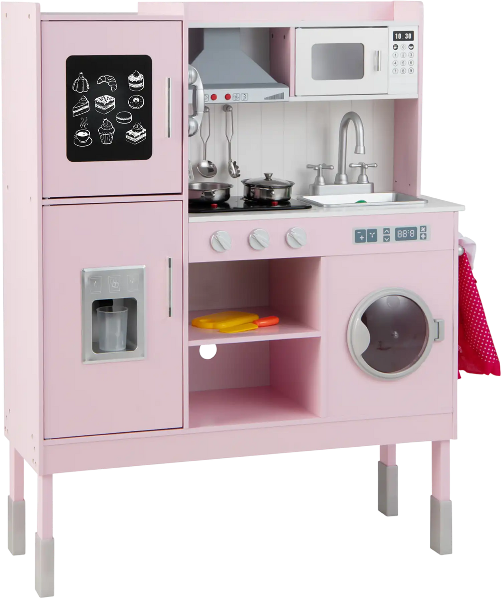 Pretend play kitchen for kids in pink with adjustable height, sink, stove, and 16 accessories for imaginative play.