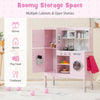 Pretend play kitchen in pink with adjustable height, multiple cabinets, and 16 accessories for kids aged 3+.